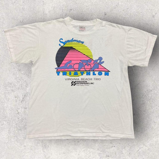 Vintage 90s USA Sandman Triathlon race Virginia beach 93 promotional graphic t-shirt