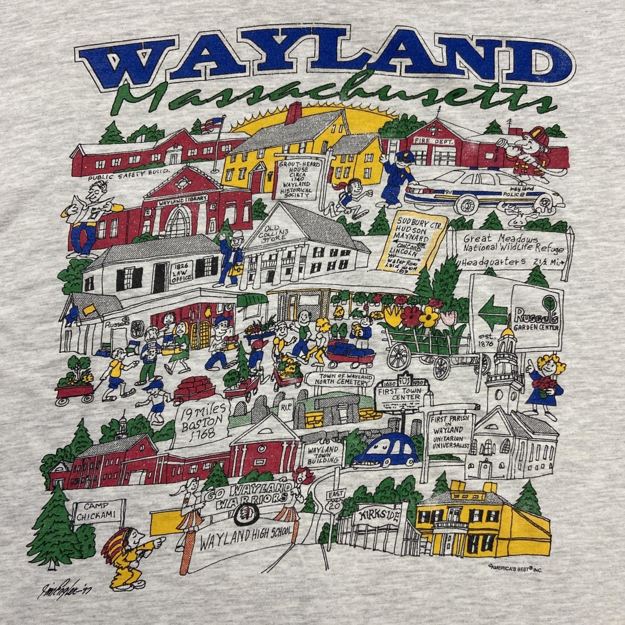 Vintage 90s USA Wayland Massachusetts tourist souvenir graphic grey t-shirt