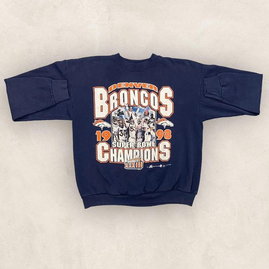 Vintage 90s USA Denver Broncos Super Bowl 33 Champions NFL promotional graphic sweatshirt