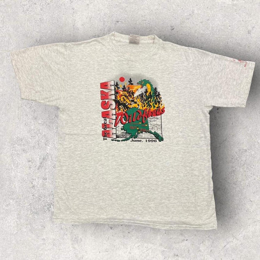 Vintage 90s USA Alaska wildfires hell week dragon promotional graphic t-shirt