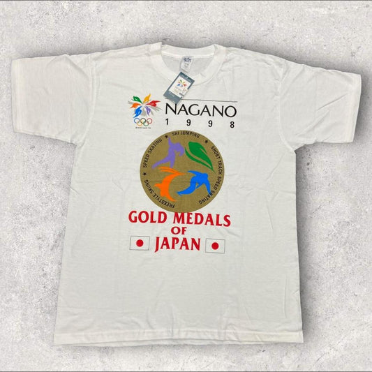 Vintage 90s Nagano Japan 1998 Winter Olympics dead-stock graphic white t-shirt