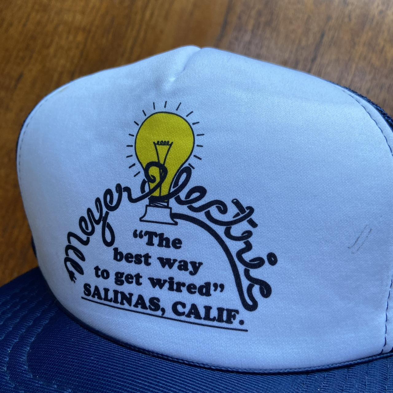 Vintage 90s USA meyers electric slogan salinas California promotional graphic trucker cap