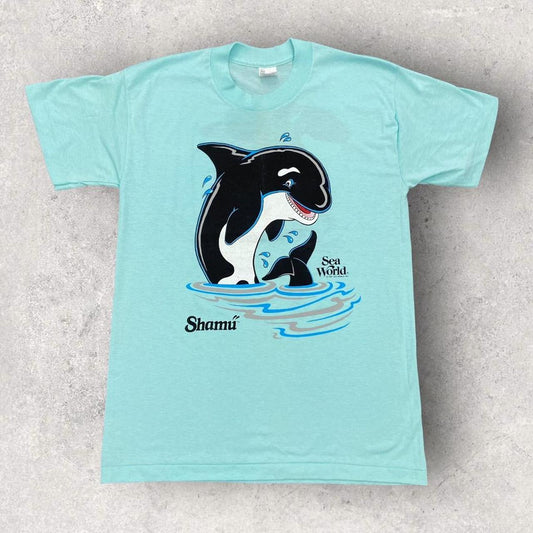 Vintage 80s USA Shamu sea world San Diego California orca whale promotional graphic t-shirt