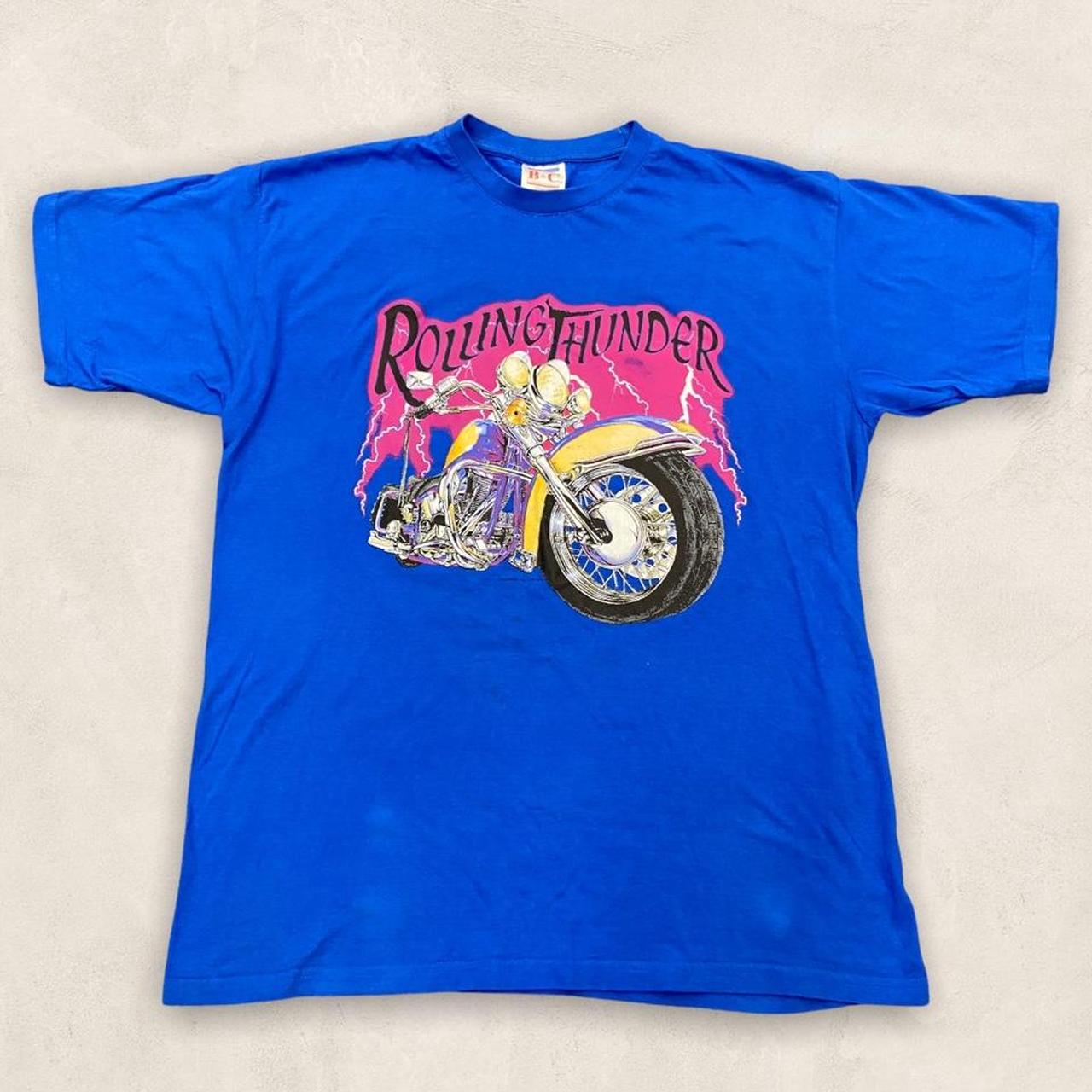 Vintage 90s USA Rolling Thunder Motorcycles graphic blue t-shirt