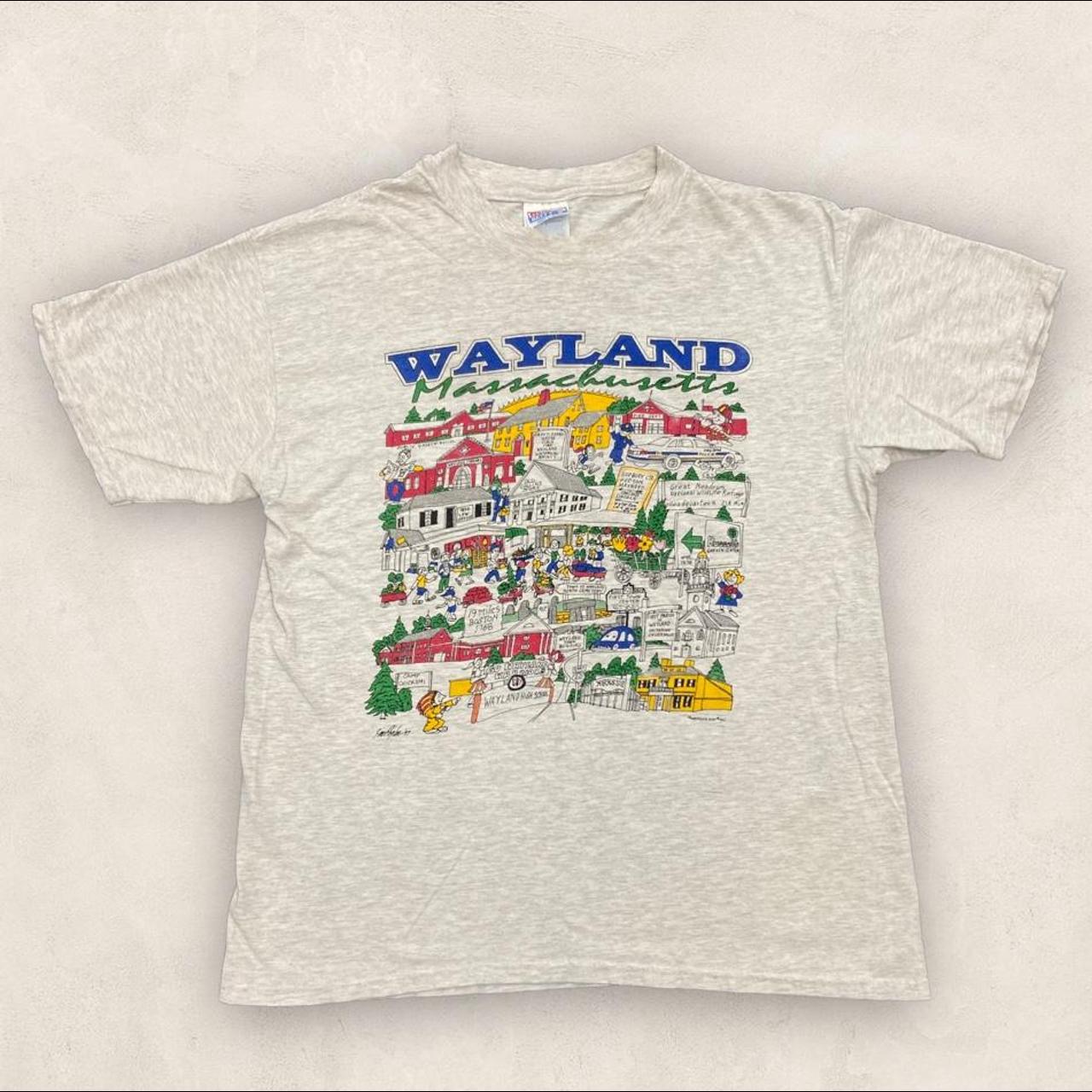 Vintage 90s USA Wayland Massachusetts tourist souvenir graphic grey t-shirt