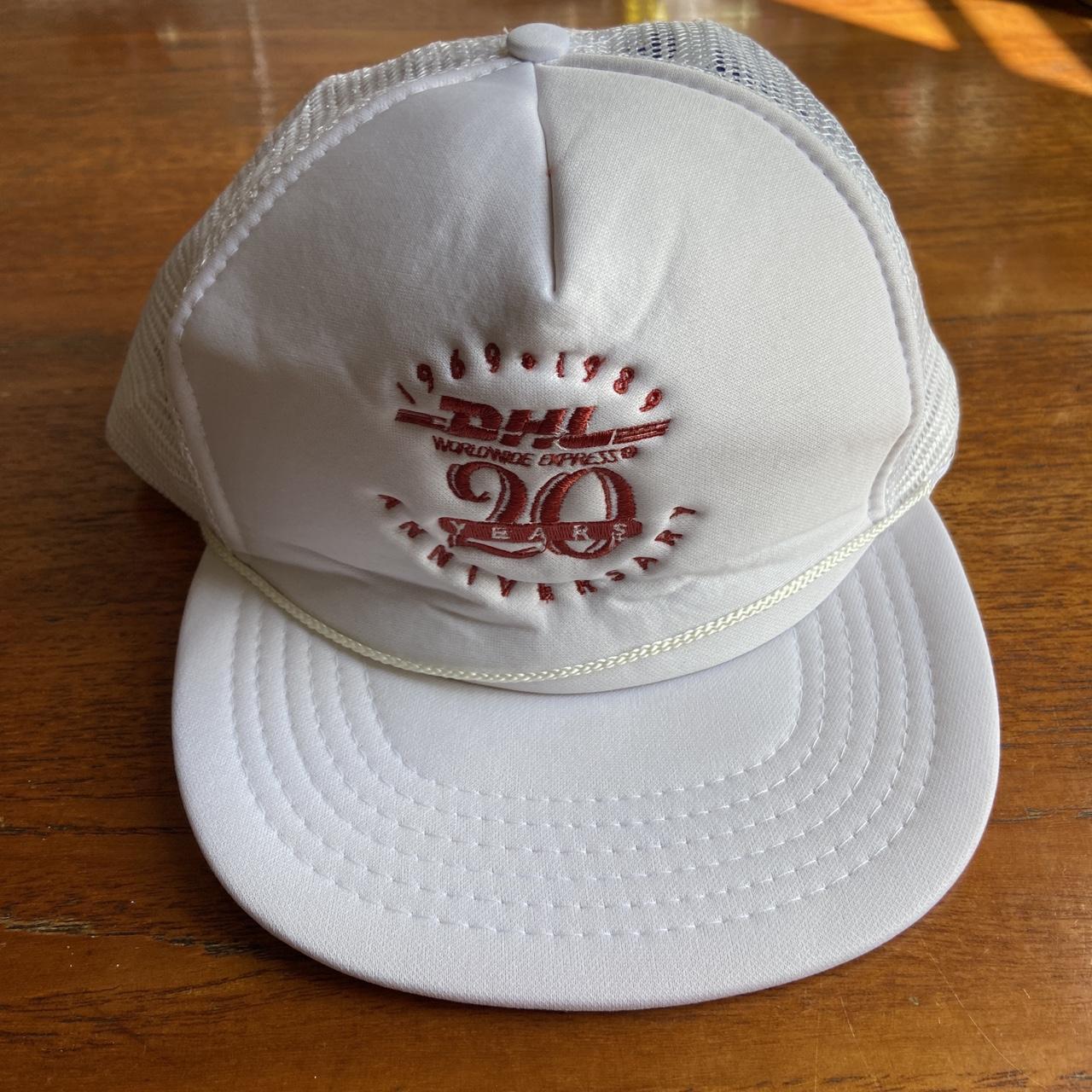 Vintage 80s USA DHL express 20th anniversary promotional graphic trucker cap