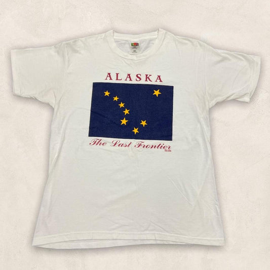 Vintage 90s USA Juneau Alaska flag ‘the last frontier’ graphic white t-shirt