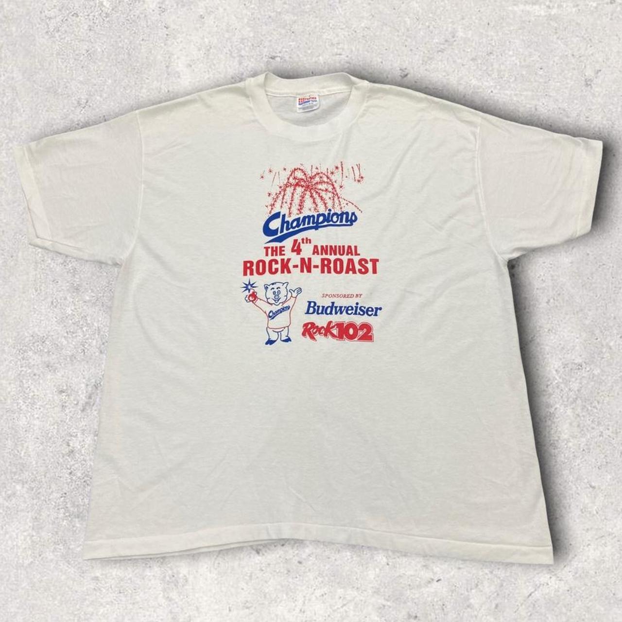 Vintage 90s USA Budweiser rock-n-roast champions graphic white t-shirt