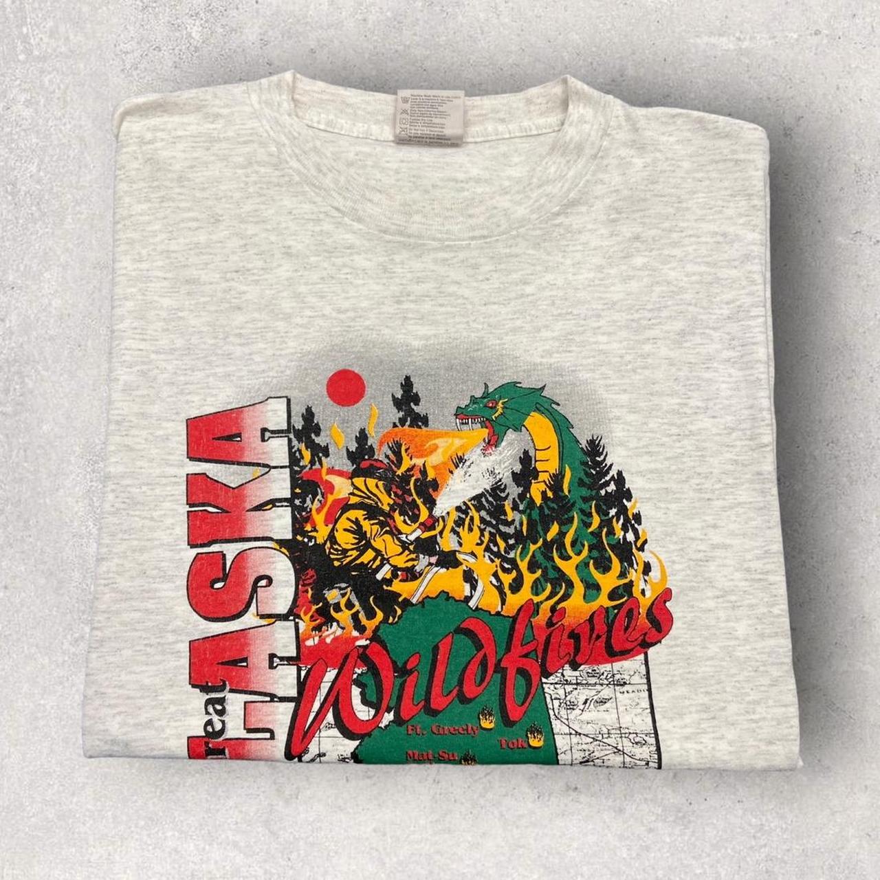 Vintage 90s USA Alaska wildfires hell week dragon promotional graphic t-shirt