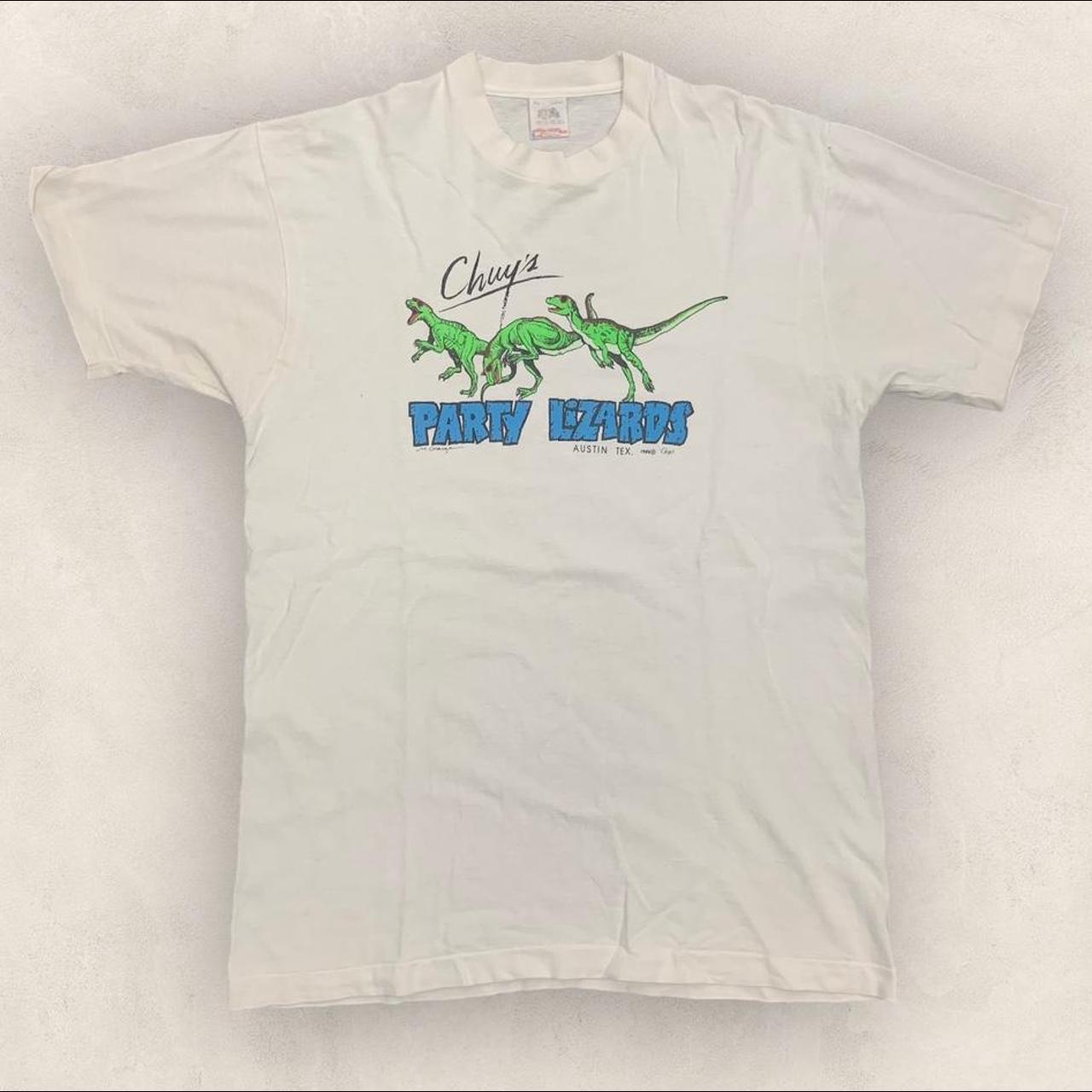 Vintage 80s USA Chuy’s party lizards Austin Texas dinosaurs promotional graphic t-shirt