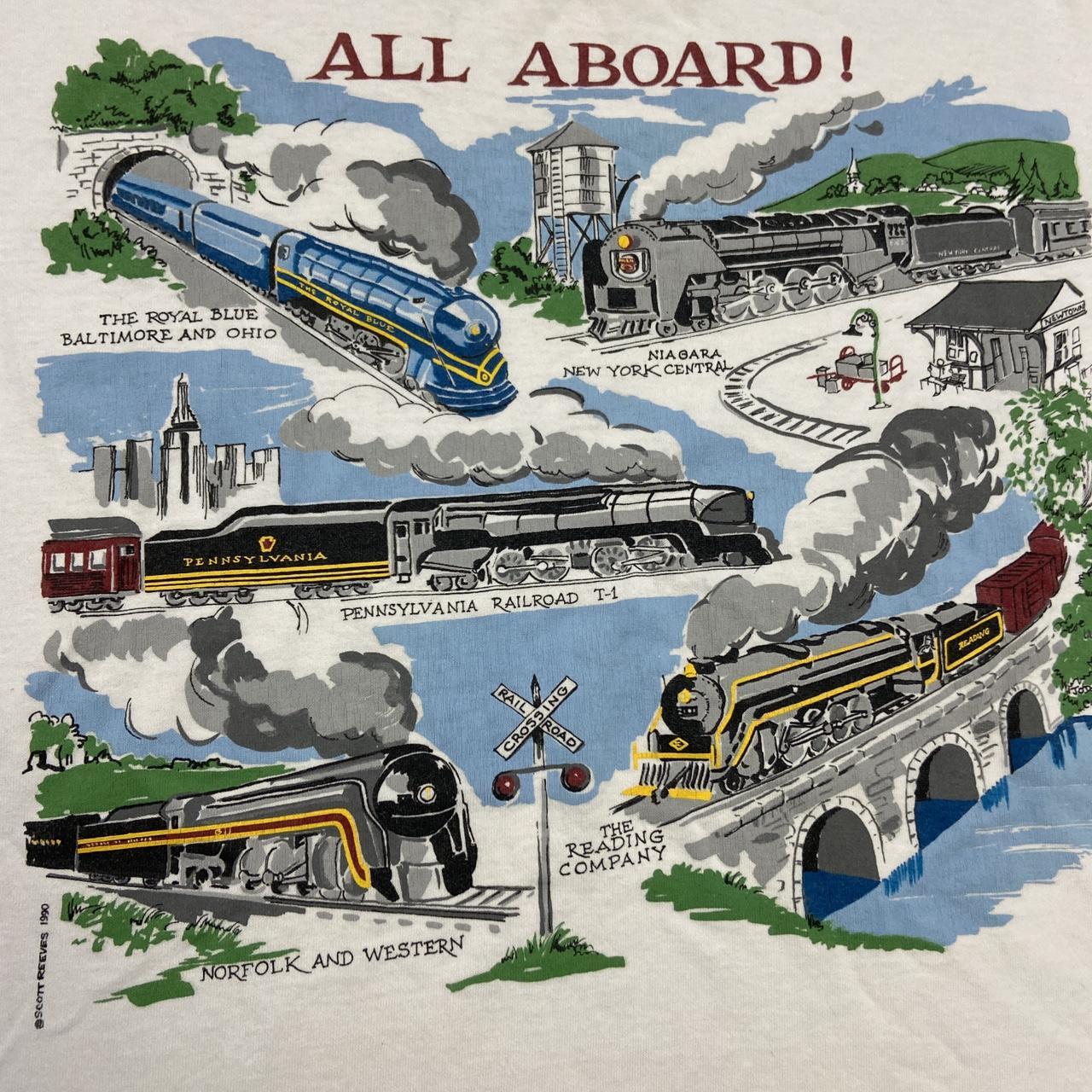 Vintage 90s USA ‘All Aboard’ steam trains railroad graphic t-shirt