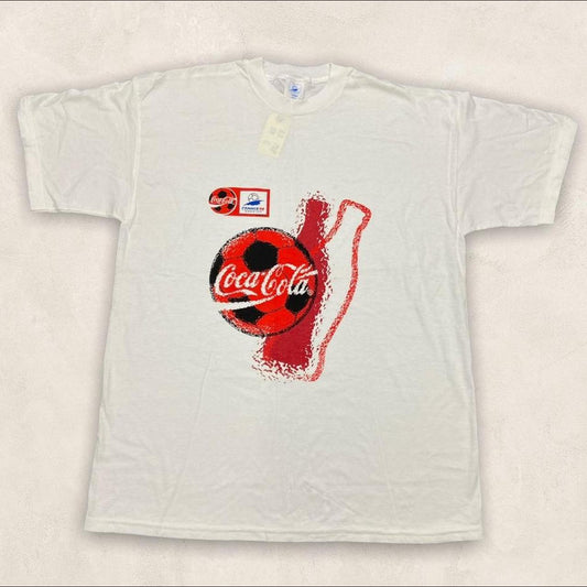 Vintage 90s USA France 98 World Cup football tournament Coca Cola promotional graphic white t-shirt