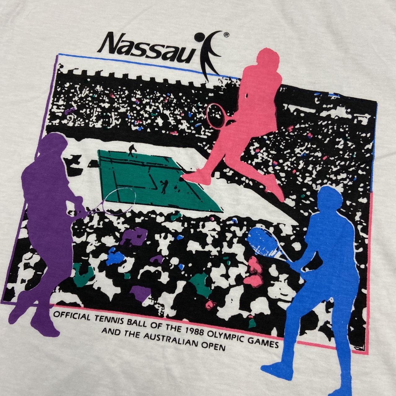 Vintage 80s USA Nassau tennis ball Australian open 1988 Seoul Olympic Games graphic white t-shirt