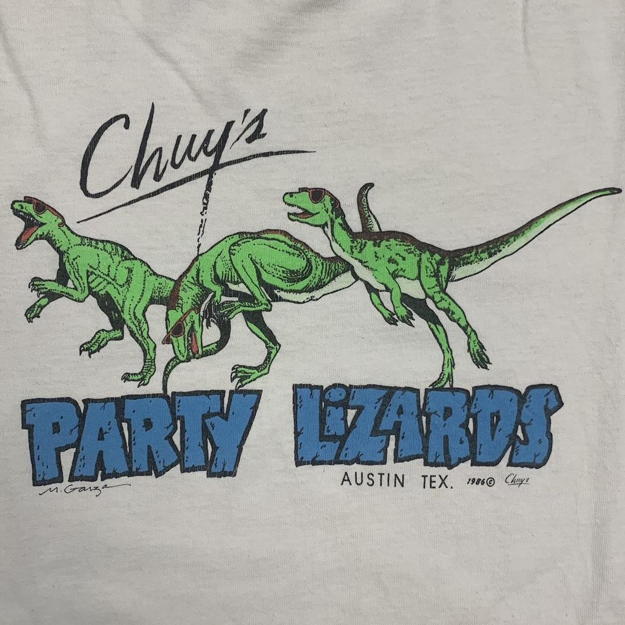 Vintage 80s USA Chuy’s party lizards Austin Texas dinosaurs promotional graphic t-shirt