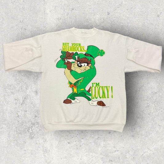 Vintage 90s USA Taz Tasmanian tiger leprechaun cartoon promotional graphic sweatshirt