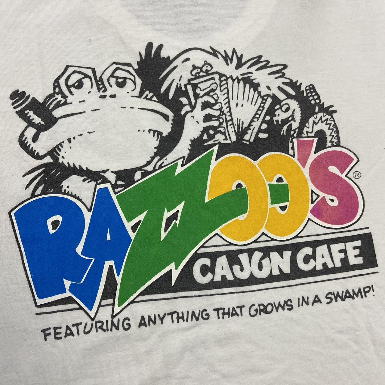 Vintage 90s USA Razzoo’s Cajun cafe Dallas Fort Worrh Texas barbecue BBQ promotional graphic t-shirt