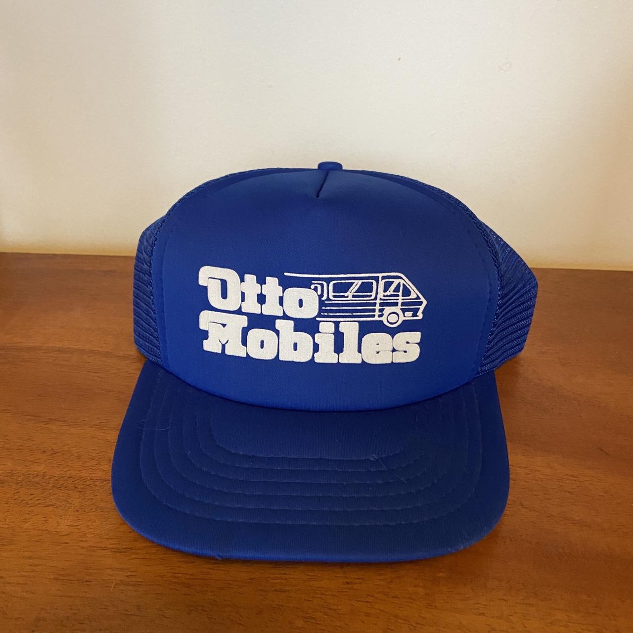 Vintage 90s USA Otto automobiles camper-van RV graphic blue trucker cap