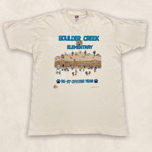 Vintage 90s USA Boulder Creek Elementary 96/97 opening year graphic cream t-shirt