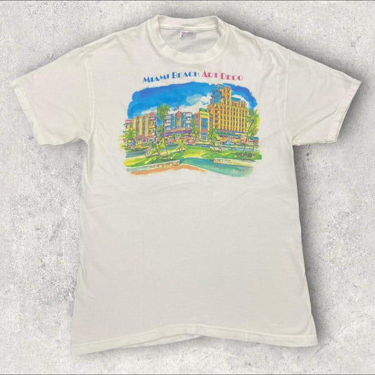 Vintage 90s USA Miami Beach Art Deco architecture Florida graphic t-shirt