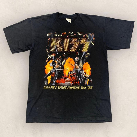 Vintage 90s USA Kiss Band Alive World Tour music promotional graphic t-shirt