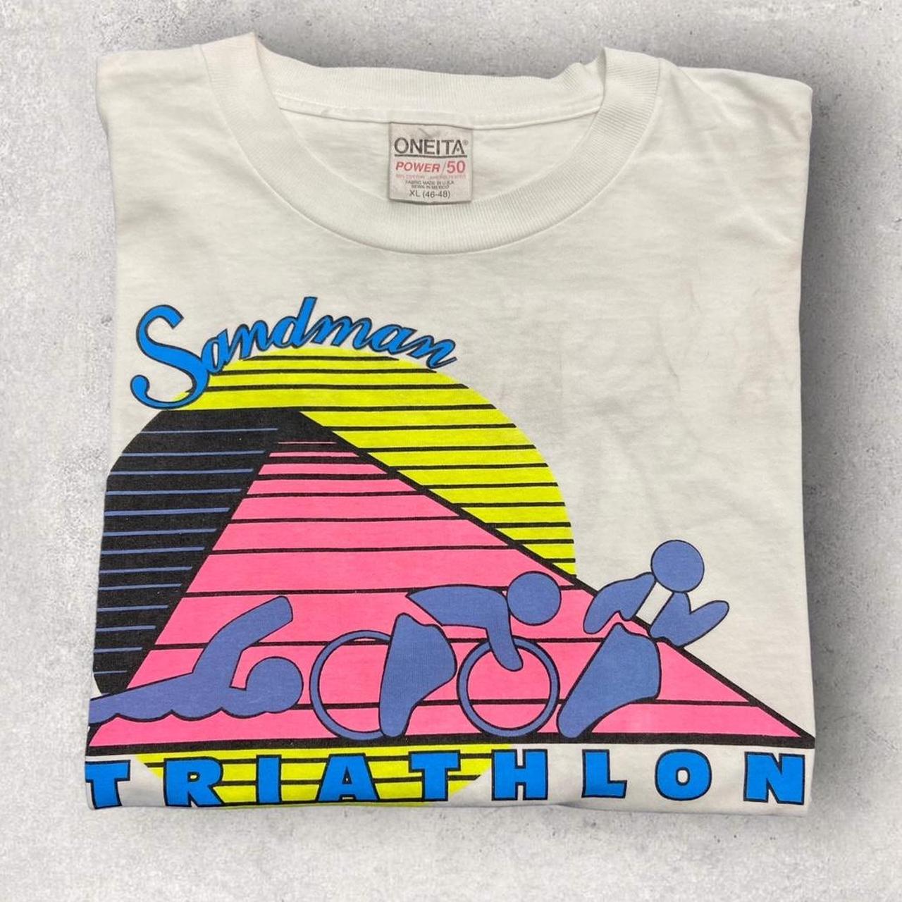 Vintage 90s USA Sandman Triathlon race Virginia beach 93 promotional graphic t-shirt