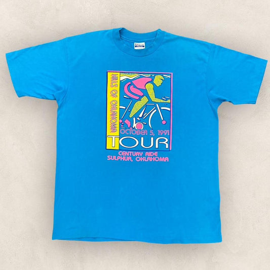 Vintage 90s USA hills of Oklahoma tour cycle cycling road race promotional graphic t-shirt