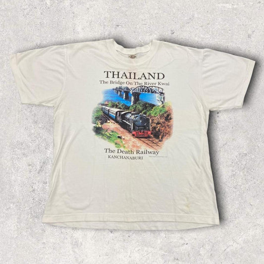 Vintage 90s ‘bridge on the river Kwai’ railway Thailand graphic white t-shirt