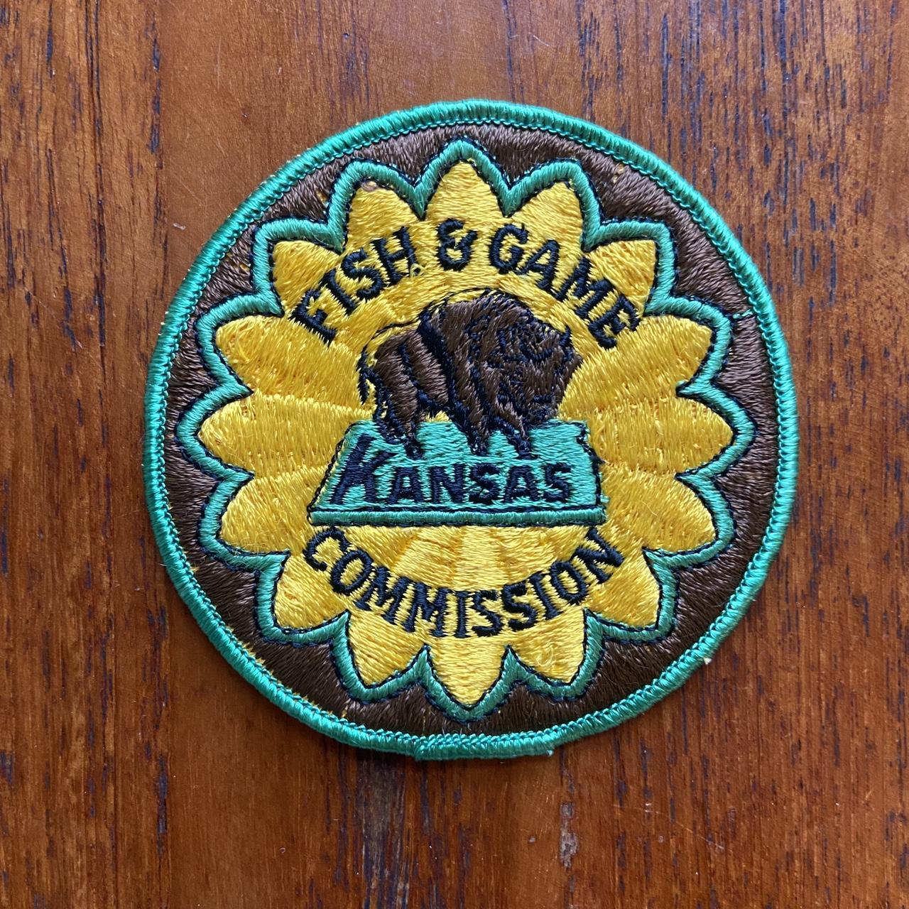 Vintage 80s USA fish and game commission Kanas bison buffalo embroidered sew on badge